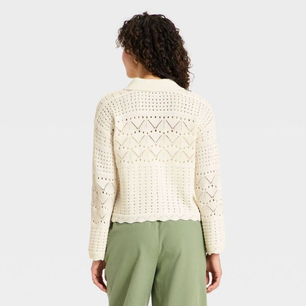 Women's Collared Crochet Cardigan - A New Day Cream S - Picture 2 of 4